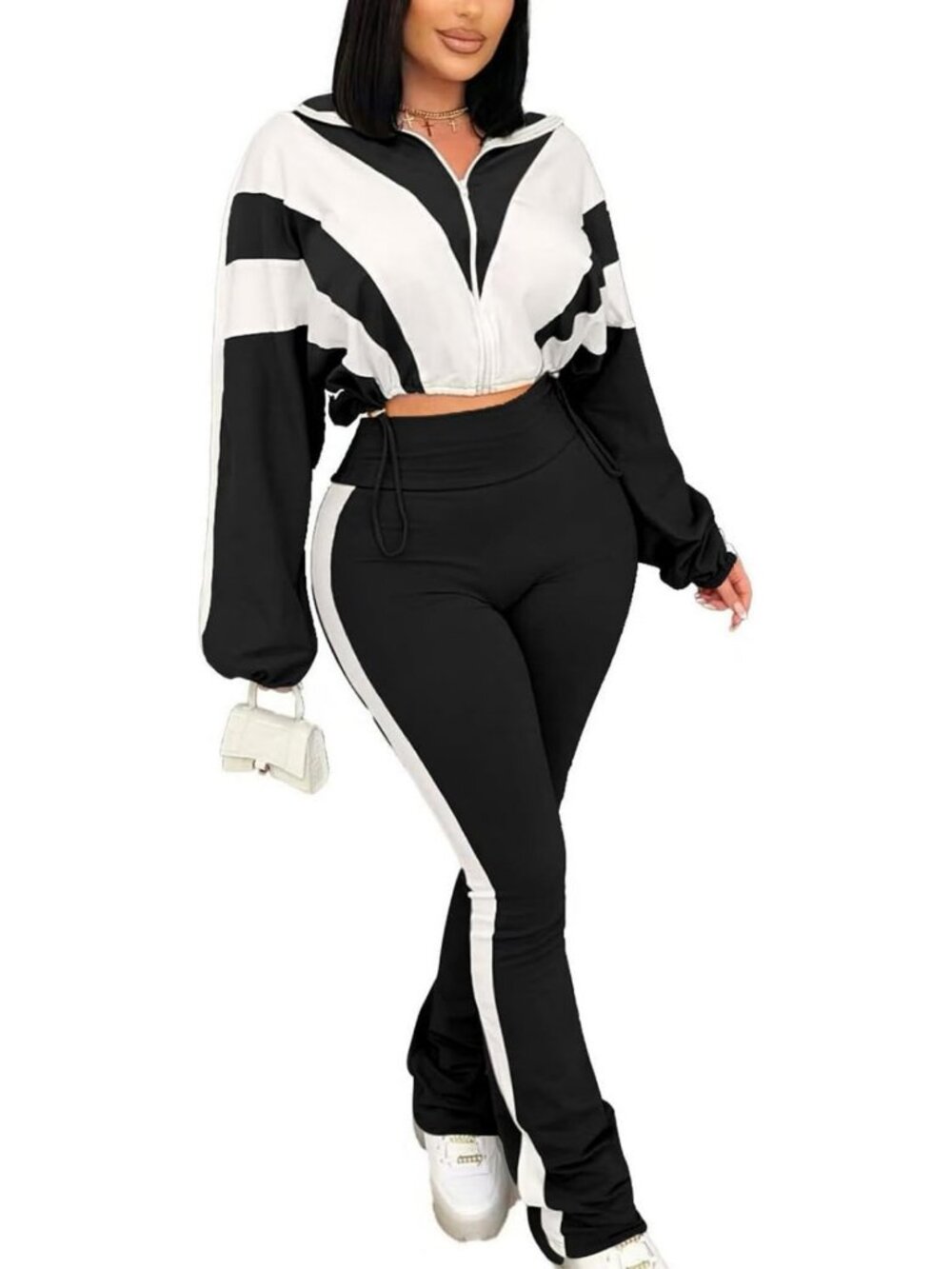 Chic Color Block 2-Piece Outfit: Zip Jacket & Bodycon Long Pants Set for Women